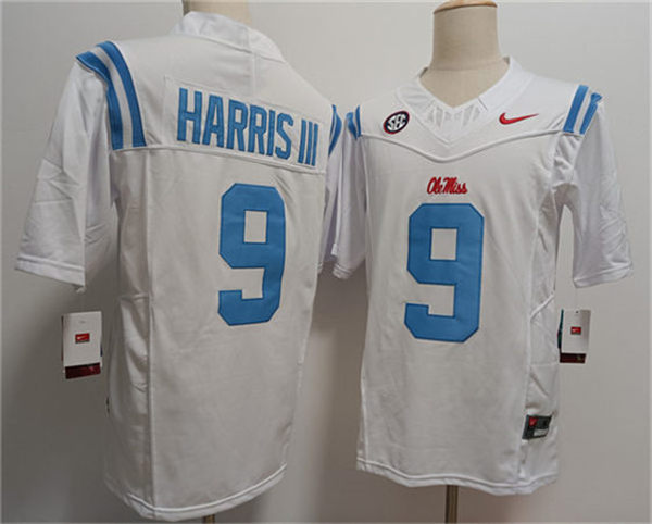 Mens Ole Miss Rebels #9 Tre Harris III 2024 White Blue F.U.S.E. Limited Football Game Jersey