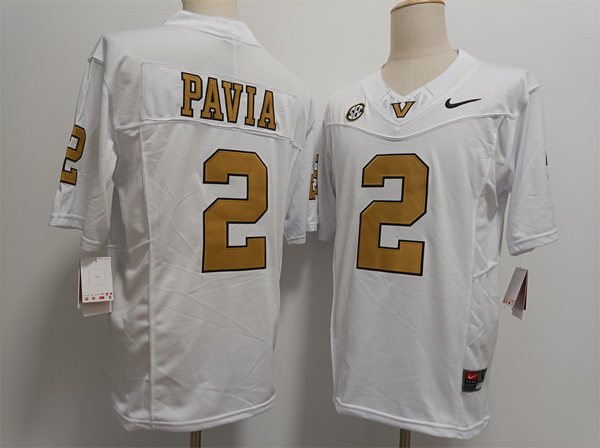 Mens Vanderbilt Commodores #2 Diego Pavia White Gold Football Jersey