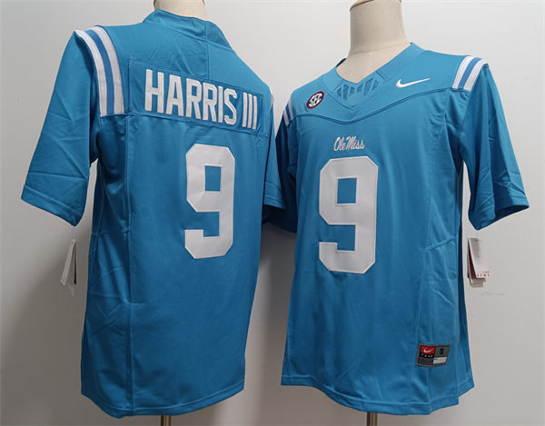 Mens Ole Miss Rebels#9 Tre Harris III Light Blue F.U.S.E. Limited Football Game Jersey