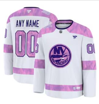 Mens New York Islanders Custom Fanatics White 2024 Hockey Fights Cancer Practice Jersey