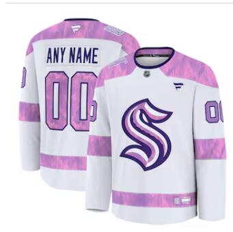 Mens Seattle Kraken Custom Fanatics White 2024 Hockey Fights Cancer Practice Jersey