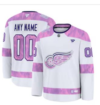 Mens Detroit Red Wings Custom Fanatics White 2024 Hockey Fights Cancer Practice Jersey
