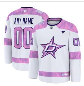 Mens Dallas Stars Custom Fanatics White 2024 Hockey Fights Cancer Practice Jersey