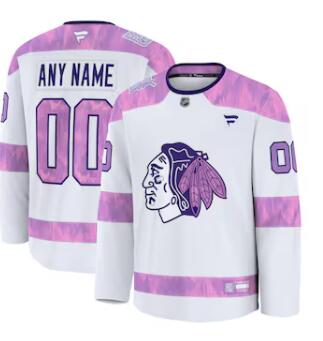 Mens Chicago Blackhawks Custom Fanatics White 2024 Hockey Fights Cancer Practice Jersey