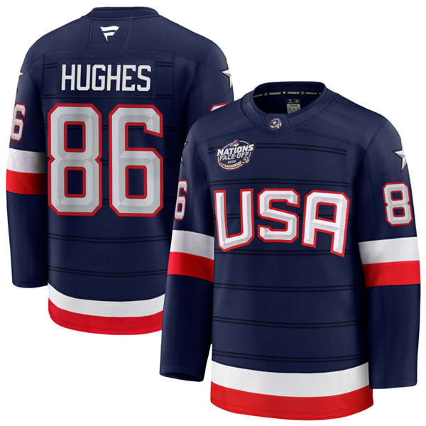 Men's Youth USA #86 Jack Hughes Fanatics Navy 2025 4 Nations Face-Off Premium Jersey