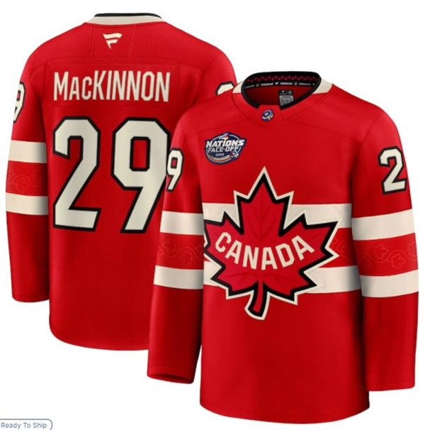 Men's Youth Canada #29 Nathan MacKinnon Red 2025 4 Nations Face-Off Premium Jersey