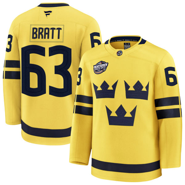 Men's Youth Sweden #63 Jesper Bratt Fanatics Yellow 2025 4 Nations Face-Off Premium Jersey
