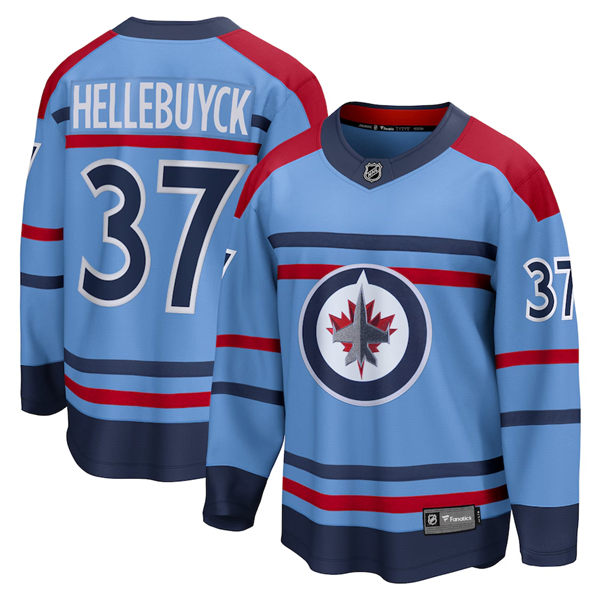 Men's Winnipeg Jets #37 Connor Hellebuyck  Fanatics Light Blue Anniversary Premier Jersey