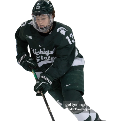 Mens Youth Michigan State Spartans #13 Tiernan Shoudy (A) 2024 Green Hockey Jersey
