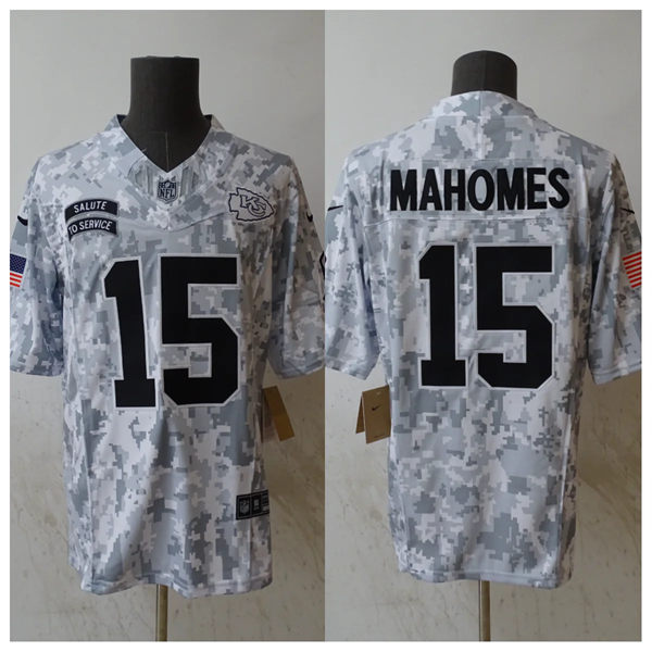 Men's Kansas City Chiefs #15 Patrick Mahomes Arctic Camo 2024 Salute To Service Limited Jersey