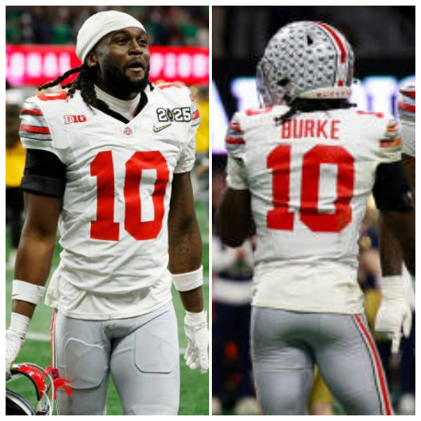 Mens Ohio State Buckeyes #10 Denzel Burke White Diamonds HERITAGE STRIPES Football Game Jersey