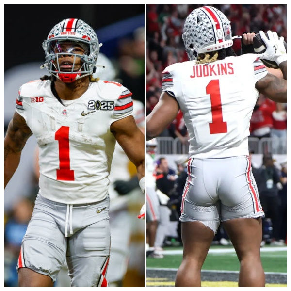 Mens Ohio State Buckeyes #1 Quinshon Judkins White Diamonds HERITAGE STRIPES Football Game Jersey
