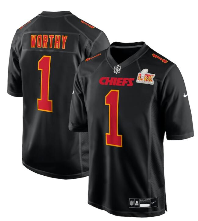 Mens Kansas City Chiefs #1 Xavier Worthy Nike Super Bowl LIX Fashion Game Jersey Carbon Black