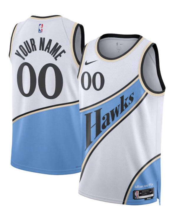 Mens Youth Atlanta Hawks Custom White Blue 2024-25 City Edition Swingman Jersey (1)