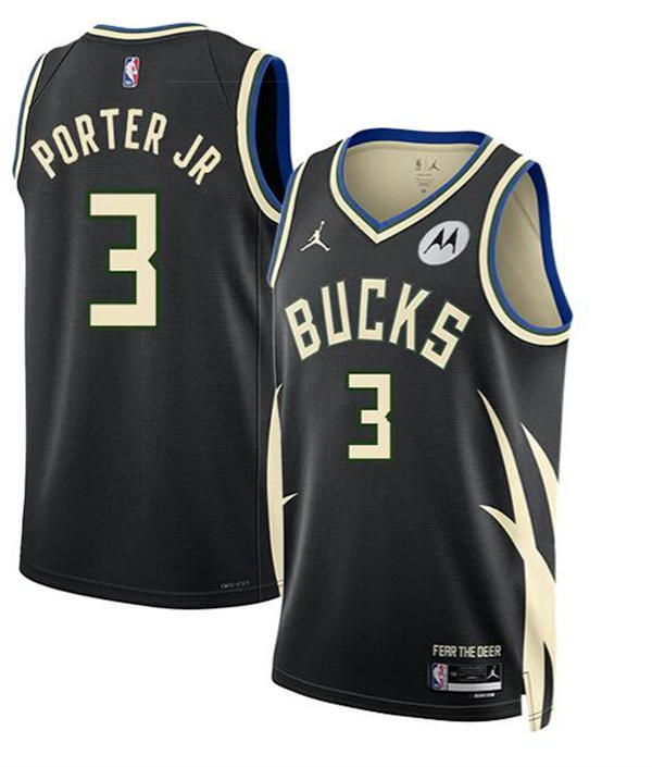 Mens Milwaukee Bucks #3 Kevin Porter Jr. Black Statement Edition Swingman Jersey