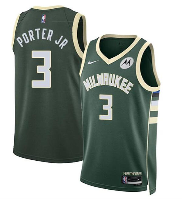 Mens Milwaukee Bucks #3 Kevin Porter Jr. Hunter Green Icon Edition Player Jersey