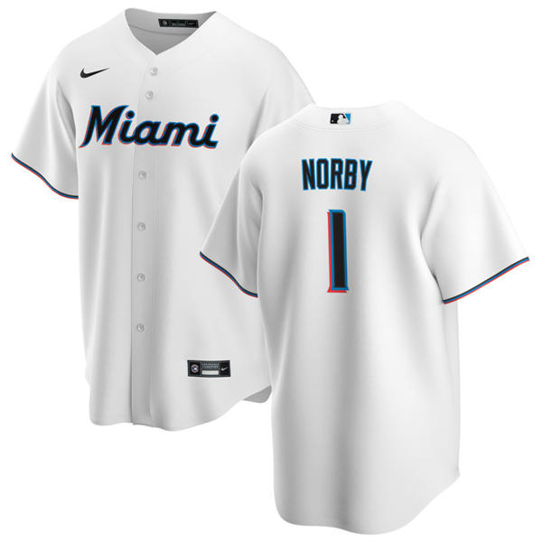 Mens Miami Marlins #1 Connor Norby White Home Limited Jersey