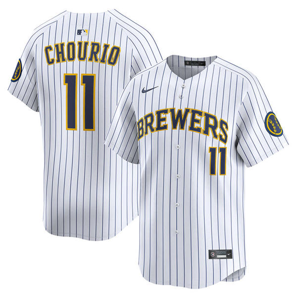 Mens Milwaukee Brewers #11 Jackson Chourio Nike White Pinstripe Alternate Limited Jersey