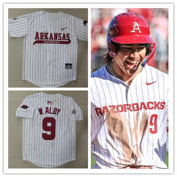 Mens Youth Arkansas Razorbacks #9 Wehiwa Aloy 2025 White Pinstripe College Baseball Game Jersey