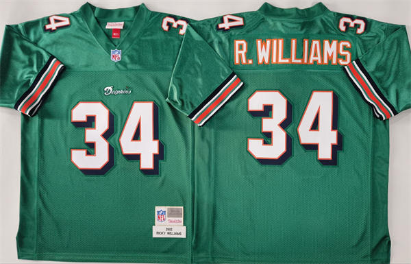 Mens Miami Dolphins #34 Ricky Williams Mitchell & Ness 2002 Aqua Throwback Jersey